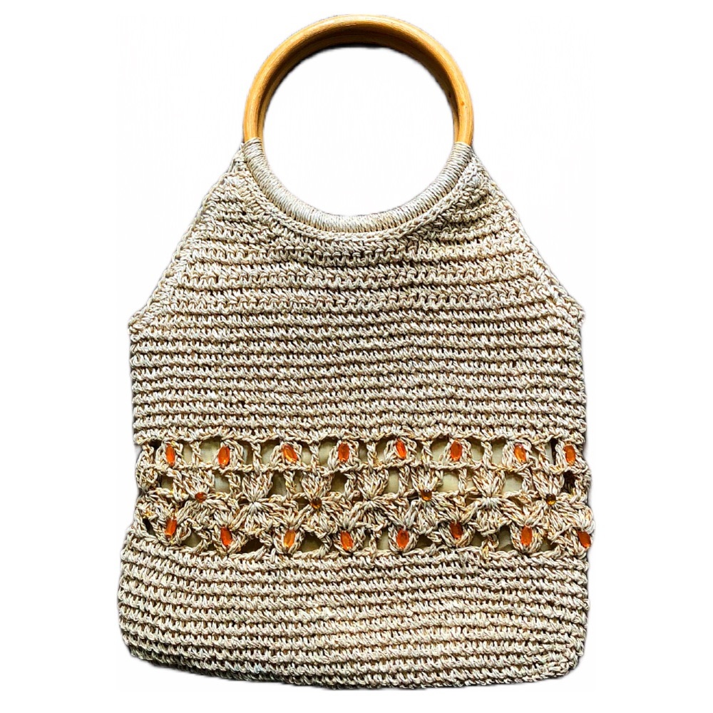 Vintage Woven Tote Bag With Bamboo Handle